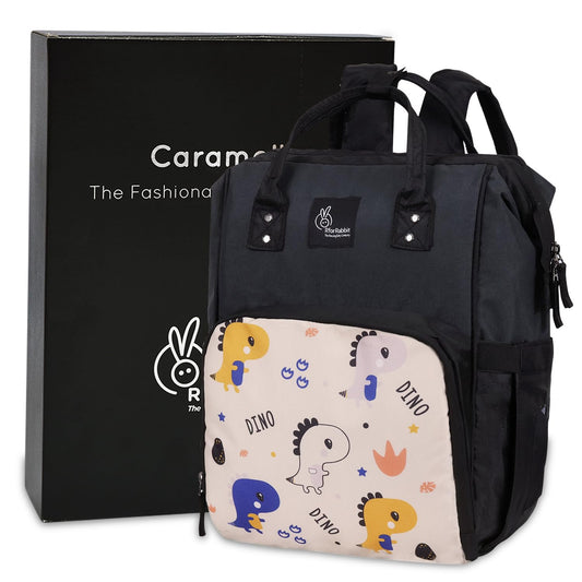 R for Rabbit Caramello Dino Baby Diaper Bag Backpack for Moms – Water Resistant, 11 Pockets, Large Storage, 3 Insulated Front Pockets (Beige)
