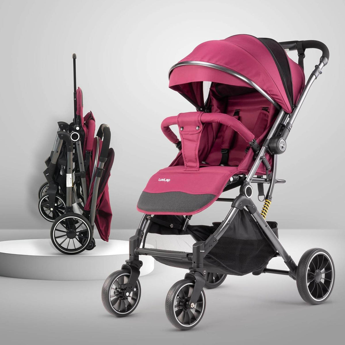 LuvLap Alpha Baby Stroller – Easy One-Fold Pram with Reversible Handle, Adjustable Recline & Footrest, for 0–3 Years (Red) - Timbuktoon
