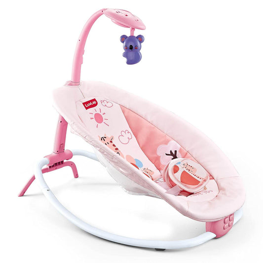 LuvLap Joy-N-Giggles Infant Rocker – Gentle Vibration, Soft Music, Rotating Toy Bar & Remote Control, 3-Point Harness (Pink) - Timbuktoon