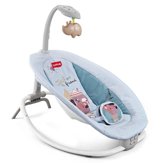 LuvLap Joy-N-Giggles Infant Rocker – Gentle Vibration, Soft Music, Rotating Toy Bar & Remote Control, 3-Point Harness (Grey) - Timbuktoon