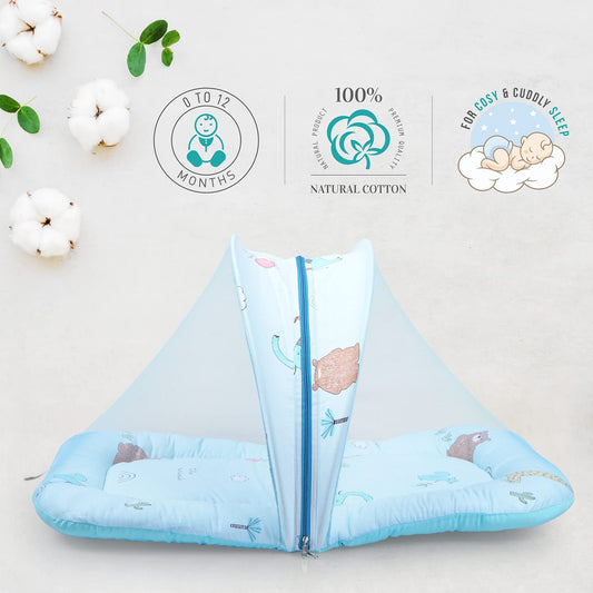 R for Rabbit Snuggy Safari Baby Sleeping Bedding Set with Mosquito Net – 100% Cotton Baby Nest & Sleeping Bag for Newborns, 0–12 Months (Blue)