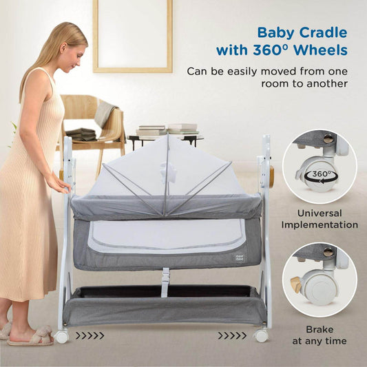 Mee Mee 2-in-1 Wooden Baby Swing & Cot – Convertible Bassinet with Mosquito Net, Mattress Pad & Lockable Wheels – Suitable for Newborn to 18 Months – 15 kg Capacity (Grey) - Timbuktoon
