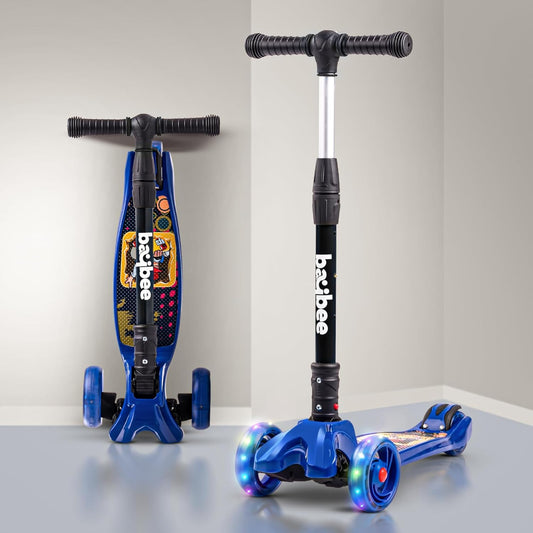 Baybee Flash Kick Scooter for Kids | Foldable 3-Wheel Scooter with 4 Height Adjustable Handlebar, LED PU Wheels & Rear Brake | Skating Scooters Up to 75 Kg Capacity | Blue