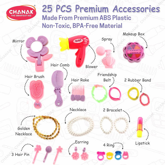 Chanak Beauty Set Suitcase on Wheels | 23-Piece Pretend Play Makeup Kit for Girls | Portable Beauty Trolley Set for Kids 3+ Years | Easy to Clean & Use | BIS Approved