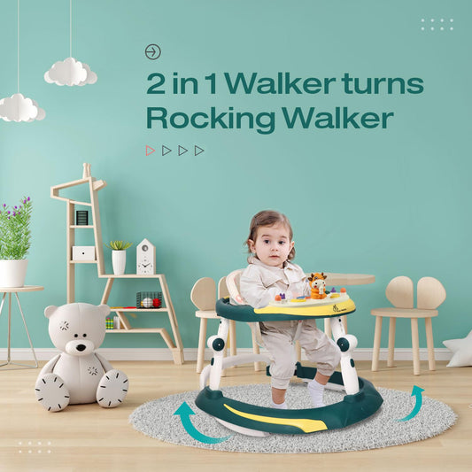 R for Rabbit Little Feet Plus Baby Walker with Rocker | 3-Level Height & 4-Level Seat Adjustment | with Detachable Recreational Toy Bar | for Babies 6–18 Months, Up to 15 kg (Green Yellow)