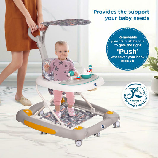 Mee Mee Star Light 2-in-1 Baby  Walker & Rocker | 3-Level Adjustable Height | Light, Rattle & Musical Toys | Anti-Rollover Folding 360° Walker | Anti-Fall & Anti-Skid | For 6–24 Months, Up to 15 kg (Grey)