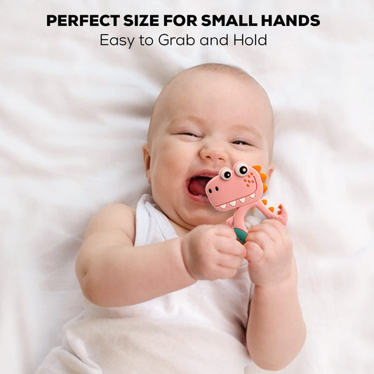 Baybee Silicone Baby Teether for Teething Gums | Manhattan Teething Rattle Toy with Loops Ring | 100% Food-Grade, BPA-Free Chew Teether for Infants (6–12 Months, Dinosaur Pink)