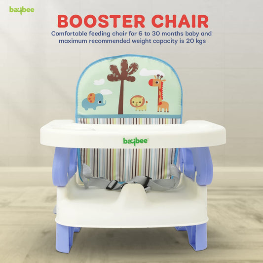 Baybee Foldable Baby Booster Seat for Feeding | Portable Infant Feeding Chair with 2-Level Height Adjustment, Removable Food Tray & Safety Belt | Baby Sitting Chair for Kids 6 Months–3 Years (Blue)