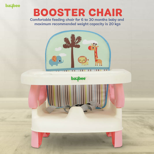 Baybee Portable Baby Booster Chair for Feeding | Folding Dining Chair with 2-Level Height Adjustment, Removable Food Tray & Safety Belt | Infant Sitting Chair for Kids 6 Months–3 Years (Pink)