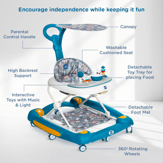 Mee Mee Star Light 2-in-1 Baby  Walker & Rocker | 3-Level Adjustable Height | Light, Rattle & Musical Toys | Anti-Rollover Folding 360° Walker | Anti-Fall & Anti-Skid | For 6–24 Months, Up to 15 kg (Blue)