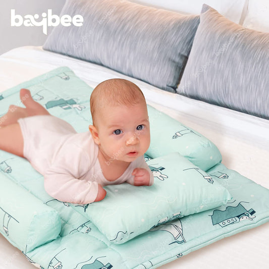 Baybee Thick Newborn Baby Bedding Mattress Bed Set | 4-Piece Baby Sleeping Bed with 2 Side Bolsters & Head Pillow for 0–6 Months | Printed Bedding Set for Boys & Girls (Green)