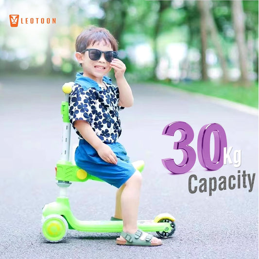 Leotoon Nitro Kick Scooter for Kids | 3-Height Adjustable Aluminium Alloy Scooter with Seat, Lean-to-Steer Technology, Rear Fender Brake, Anti-Slip Deck & Quick Folding | 3 LED PU Wheels (Green, 3–8 Years)