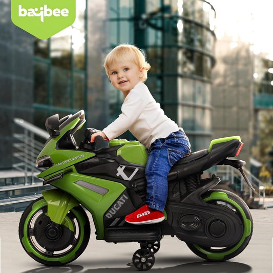 Baybee Baby Battery Operated Bike for Kids | Rechargeable Ride-on Toy Bike with Foot Accelerator, Music, LED Lights & Training Wheels | Electric Bike for Boys & Girls 1 to 3 Years (Green)