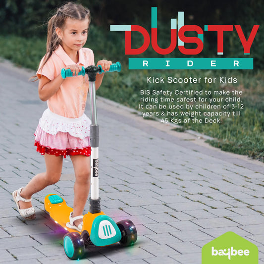 Goodluck Baybee Dusty Kick Scooter for Kids | 3-Wheel Foldable Scooter with LED PU Wheels, Adjustable Handlebar & Music | Outdoor Runner Skate Scooter for Boys & Girls 3–12 Years (Yellow/Teal)