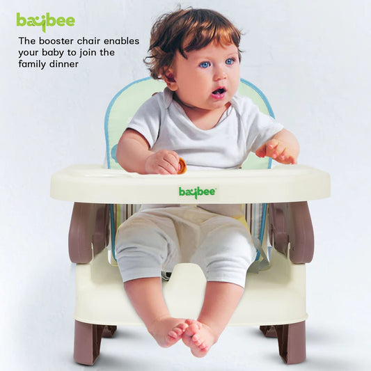 Baybee Portable Baby Booster Chair for Feeding | Folding Dining Chair with 2-Level Height Adjustment, Removable Food Tray & Safety Belt | Infant Sitting Chair for Kids 6 Months–3 Years (Brown)