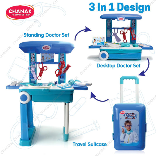 Chanak Premium Doctor Set Trolley for Kids | Pretend Play Doctor Kit with LED Light Instruments | Portable Medical Trolley for Boys & Girls 3+ Years | BIS Approved (Blue Trolley)