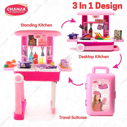 Chanak Kitchen Suitcase Set for Girls | 23-Piece Colorful Pretend Play Cooking Toy Set | Portable Kitchen Playset for Kids 3+ Years | BIS Approved