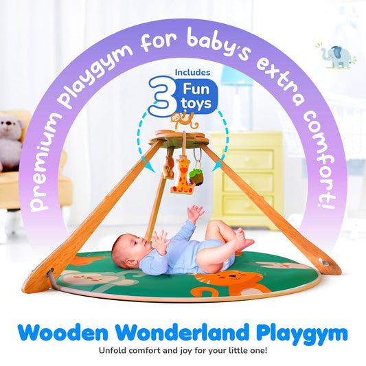 Funskool Wooden Wonderland Playgym – Animal Printed Soft & Comfy Activity Mat for Tummy Time | Developmental Toy for Babies 2+ Months | Multicolor Gift Set