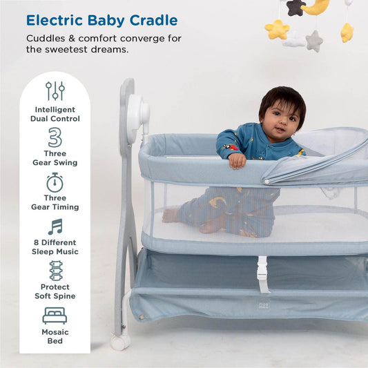 Mee Mee Sweet Love Auto-Swing Baby Cot – 3-Speed Remote Controlled Electric Cradle with Mosquito Cover & Toy Mobile, Lightweight Design, Up to 15 kg (Blue) - Timbuktoon