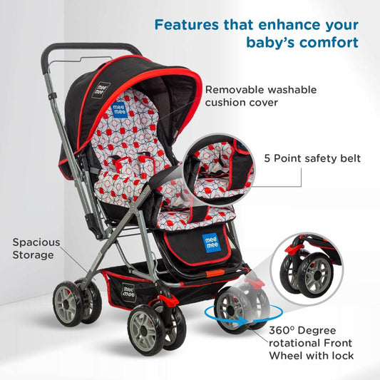 Mee Mee Little Explorer Premium Baby Stroller / Pram – 0 to 3 Years, Infant/Toddler, 5-Point Safety Belt, Reclining Seat, 360° Swivel Wheels, Spacious Storage Basket, Two-Way Handle, Mosquito Net (Dotted Red) - Timbuktoon