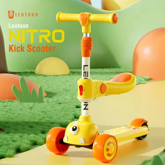 Leotoon Nitro Kick Scooter for Kids | 3-Height Adjustable Aluminium Alloy Scooter with Seat, Lean-to-Steer Technology, Rear Fender Brake, Anti-Slip Deck & Quick Folding | 3 LED PU Wheels (Yellow, 3–8 Years)