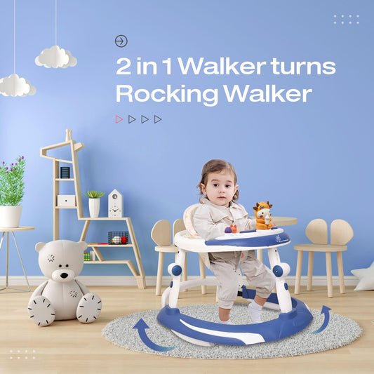 R for Rabbit Little Feet Plus Baby Walker with Rocker | 3-Level Height & 4-Level Seat Adjustment | With Detachable Toy Bar & Rocking Function | for Babies 6–18 Months, Up to 15 kg (Blue White)