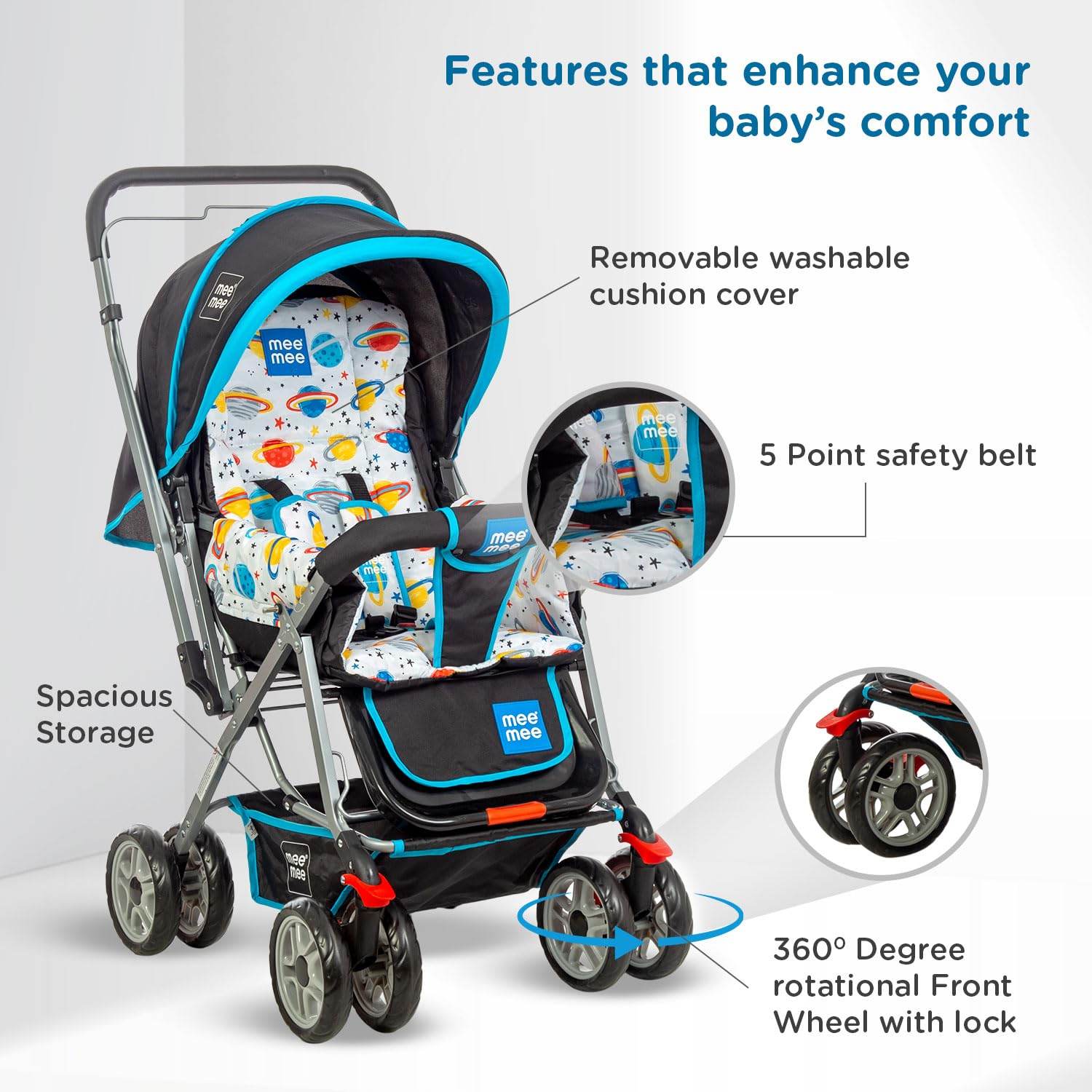 Mee Mee Little Explorer Advanced Infant Pram & Pushchair – Suitable for Newborn to 3 Years, Secure Harness, Adjustable Recline, All-Direction Wheels, Large Under-Seat Basket, Reversible Grip, Net Cover (DX Blue) - Timbuktoon