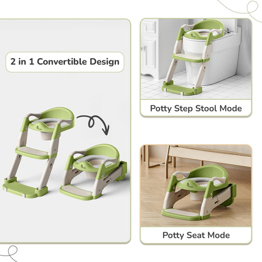 R for Rabbit Hilltop Trainer 2-in-1 Potty Training Seat & Step Stool (Green White) | Adjustable Height | Anti-Skid Base | Universal Fit & Foldable Toilet Seat for Kids 1–7 Years