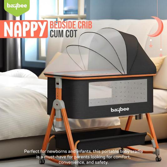 BAYBEE 3-in-1 Baby Bedside Crib Cradle with 6 Height Adjustments | Portable Bedside Bassinet with Storage Tray, Wheels & Rocker Function | Travel Crib Cot for Newborns (Clorah Black)