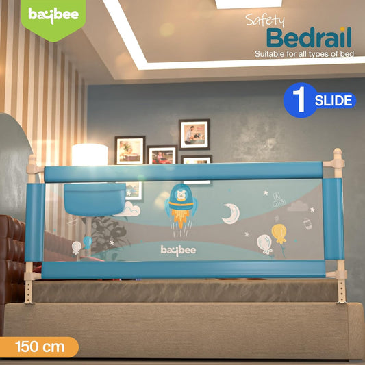 Baybee Baby Bed Rail Guard for Toddlers Safety | Foldable Bed Protector with Adjustable Height & Secure Lock | Portable Single Side Bedrail Fence for Newborns & Kids (150x63 cm, Blue)