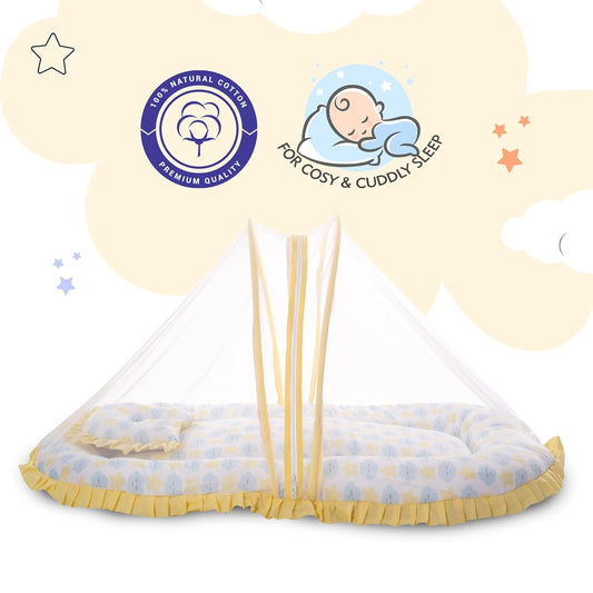 Mee Mee Cushioned Baby Mattress Set with Mosquito Net & Pillow – Cloud & Star, Soft & Breathable Infant Bedding, Foldable & Travel-Friendly