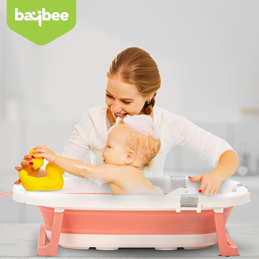 Baybee Foldable Baby Bath Tub for Kids 0-5 Years | Portable Bathtub with Anti-Skid Base, Support Cushion & Drain Plug | Mini Swimming Pool for Newborns, Boys & Girls (Pink)