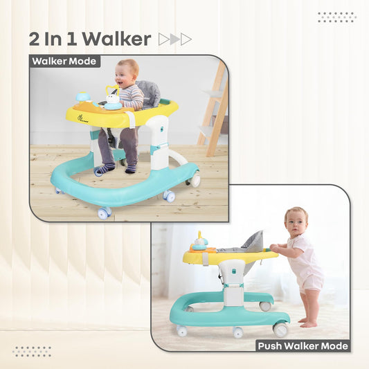 R for Rabbit Little Feet Sportz Baby Walker for Kids 9–18 Months | 2-in-1 Seated & Push Activity Walker with Music, Adjustable Height, Meal Tray & Foldable Design (Green Yellow)