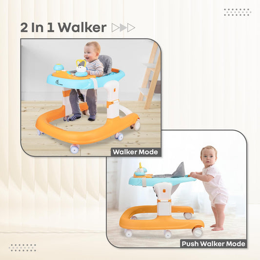 R for Rabbit Little Feet Sportz Baby Walker for Kids 9–18 Months | 2-in-1 Seated & Push Activity Walker with Music, Adjustable Height, Meal Tray & Foldable Design (Orange Blue)