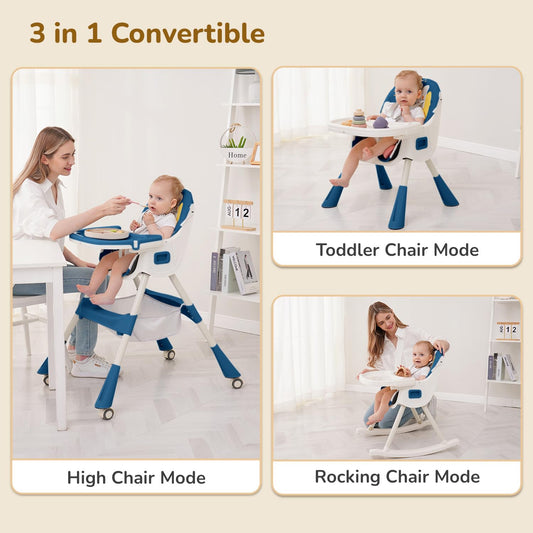 R for Rabbit Sugar Doodle Plus 3-in-1 Convertible High Chair for Babies & Kids – Rocking Chair, Compact Fold, Dual Detachable Meal Trays, Suitable for 6 Months–5 Years (Indigo Dye)