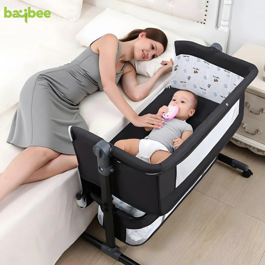 Baybee 3-in-1 Baby Bedside Crib with Mosquito Net, Wheels & Storage Basket | 2-Height Adjustable Convertible Bed Cot & Bedside Bassinet for Newborns, Infants & Toddlers