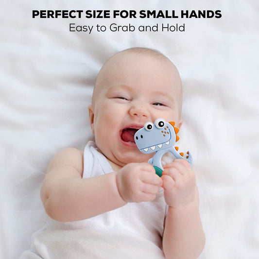 Baybee Silicone Baby Teether for Teething Gums | Manhattan Teething Rattle Toy with Loops Ring | 100% Food-Grade, BPA-Free Chew Teether for Infants (6–12 Months, Dinosaur Blue)