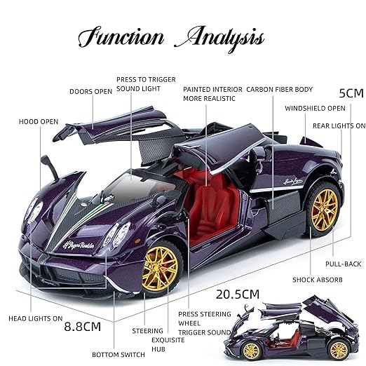 Joy Junction 1:32 Scale Pagani Huayra BC Supercar – Luxury Alloy Die-cast Model Car with Pull Back Action, Openable Doors, Lights & Sound | Toy Car for Kids & Collectors (Purple)