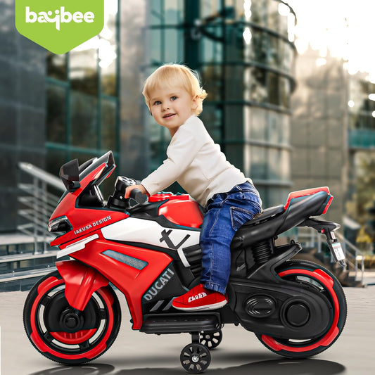 Baybee Baby Battery Operated Bike for Kids | Rechargeable Ride-on Toy Bike with Foot Accelerator, Music, LED Lights & Training Wheels | Electric Bike for Boys & Girls 1 to 3 Years (Red)