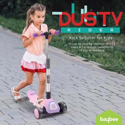 Goodluck Baybee Dusty Kick Scooter for Kids | 3-Wheel Foldable Scooter with LED PU Wheels, Adjustable Handlebar & Music | Outdoor Runner Skate Scooter for Boys & Girls 3–12 Years (Pink)