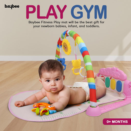 Baybee Piano Play Gym Mat for Babies | Musical Activity Play Gym with 5 Hanging Toys, Music & Lights | Indoor Baby Playmat for Newborns 0-12 Months Boys & Girls (Pink)