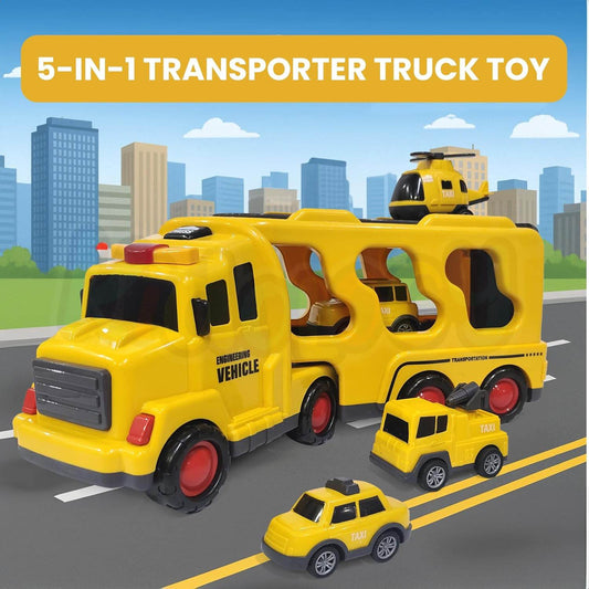5-in-1 Vehicle Carrier Toy Set – Transport Truck with Pull-Back Cars, Helicopter & Lights/Sounds – Durable ABS Playset for Kids Aged 3+ - Timbuktoon