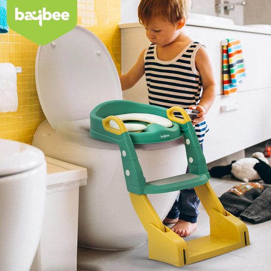 Baybee Vega 3-in-1 Western Toilet Potty Seat for Kids | Baby Potty Training Seat Chair with Ladder, Handles, Soft Cushion & Splash Guard | Convertible Toddler Toilet Seat for Boys & Girls 1-8 Years (Green, Plastic)