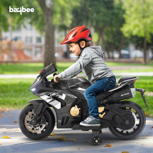 Baybee Hetong Baby Battery Operated Bike for Kids | Rechargeable Electric Racing Bike with Hand Accelerator, Music & LED Lights | Ride-On Toy Motorcycle for Boys & Girls 3–8 Years (Black)