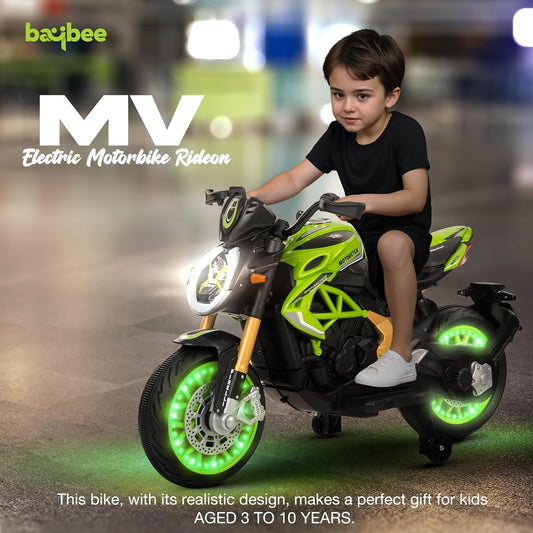Baybee MTK Baby Battery Operated Bike for Kids with Foot Accelerator & Music | Rechargeable Ride-On Toy Bike with LED Light | Baby Electric Bike for Kids to Drive 1–3 Years (Green)