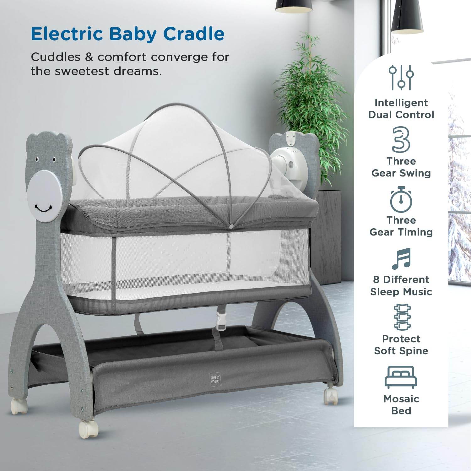 Mee Mee Sweet Love Electric Baby Swing Cradle – Remote Operated, 3-Level Swing Speeds, Portable Cot with Net & Cot Mobile, Suitable for Infants 0–1.5 Years (Grey) - Timbuktoon