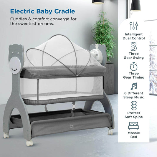 Mee Mee Sweet Love Electric Baby Swing Cradle – Remote Operated, 3-Level Swing Speeds, Portable Cot with Net & Cot Mobile, Suitable for Infants 0–1.5 Years (Grey) - Timbuktoon