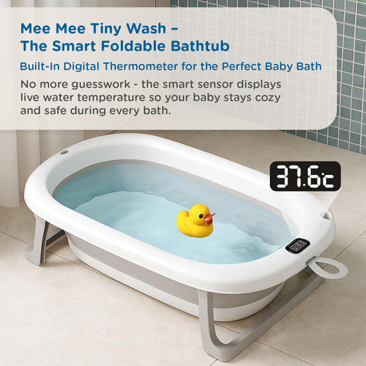 Mee Mee Baby Bath Tub for 0–5 Years/New Born Baby Foldable Bathtub with Bathing Bather Cushion Chair, Fast Drainage, Space Saving, Bath Tub for Kids Girls & Boys | Grey