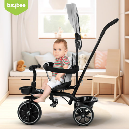 Baybee Maestro 2-in-1 Baby Tricycle for Kids | Smart Kids Trike with Parental Push Handle, Cushioned Seat, Canopy & Safety Guardrail | Baby Cycle for 2–5 Years (White)