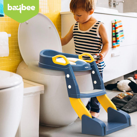 Baybee Vega 3-in-1 Western Toilet Potty Seat for Kids | Baby Potty Training Seat Chair with Ladder, Handles, Soft Cushion & Splash Guard | Convertible Toddler Toilet Seat for Boys & Girls 1-8 Years (Blue)